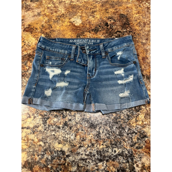 American Eagle “Super Low Shortie” Distressed Denim Shorts - Picture 1 of 7
